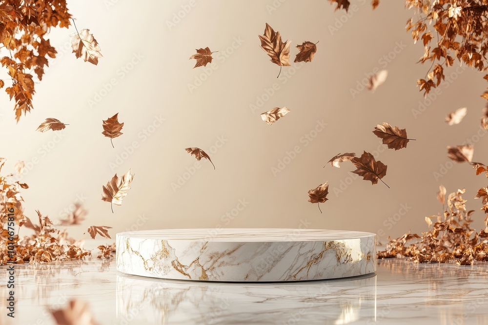 Aufkleber a minimalist display platform surrounded by floating autumn leaves, creating a serene atmosphere.