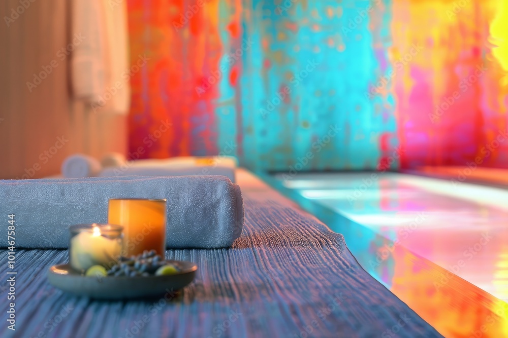 Wall mural Serene spa setting with a vibrant abstract color backdrop.