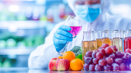 A scientist wearing protective clothing and a mask examines a glass of pink liquid, surrounded by various colorful beverages and fresh fruits, ensuring quality and safety standards