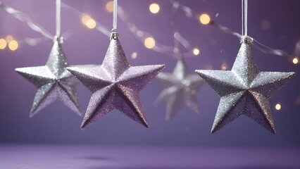 Obraz premium Sparkling Silver Stars Hanging Against a Soft Purple Backdrop With Festive Lights Glowing in the Background