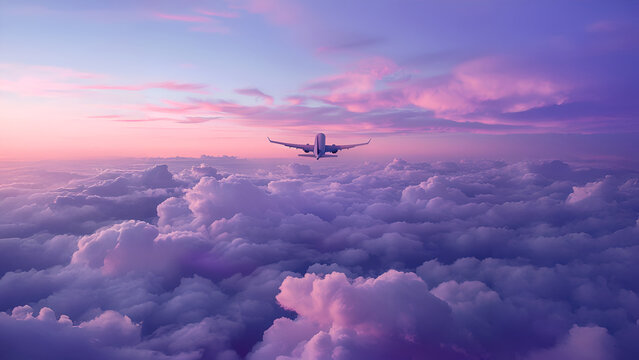 Aerial photo of the sky above clouds with a plane flying away. Dreamy pastel color palette with purple, blue and pink primary colors.