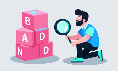 Man Examining Brand Building Blocks with Magnifying Glass