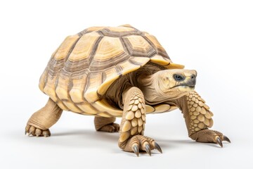 Obraz premium Sulcata tortoise walking on a white background. Show cute expressions slowly