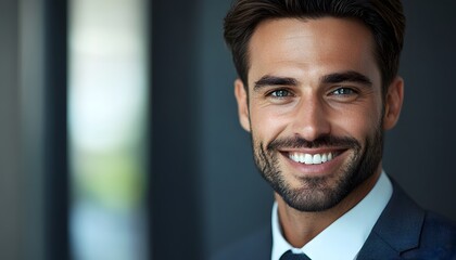 Fototapeta premium Close-up Portrait of a Smiling Man with a Beard in a Suit
