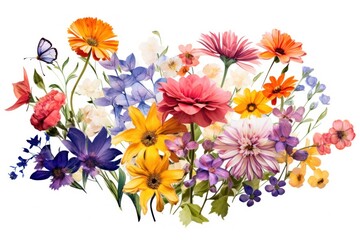 Summer flowers, isolated flowers on a white background. It shows a variety of flowers, bright colors, and full bloom of petals.