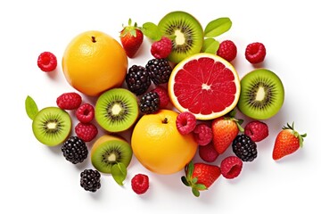 Summer fruit, isolated pieces, on a white background Shows the variety of fruits, their bright colors, and delicious textures.