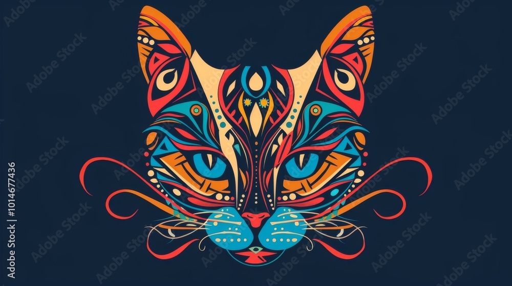 Poster Simple minimalist cat head featuring colorful tribal designs.