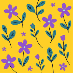 Purple Flowers and Green Leaves on Yellow Background