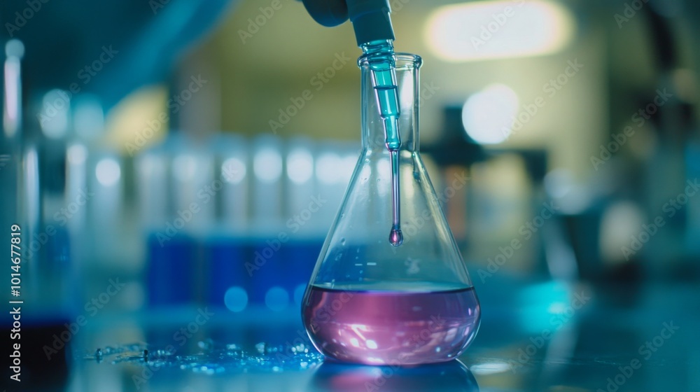 Leinwandbilder A close-up shot of a scientist's hand adding a blue liquid from a dropper to a flask filled with pink liquid