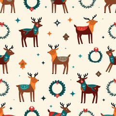Obraz premium Reindeer and Wreath Seamless Pattern 