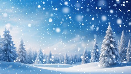 Fototapeta premium A serene winter landscape with snow-covered trees and falling snowflakes under a blue sky.