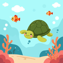 Sea Turtle and Fish Cartoon Illustration 
