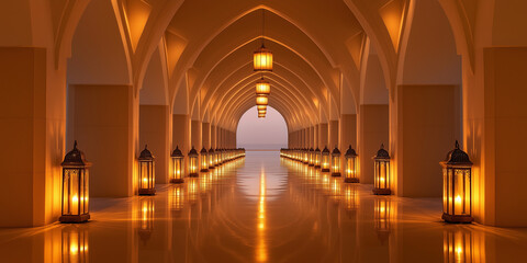 Beautifully lit hallway with arched ceilings and glowing lanterns. Majestic symmetrical architecture with warm lighting and reflections creating serene ambiance