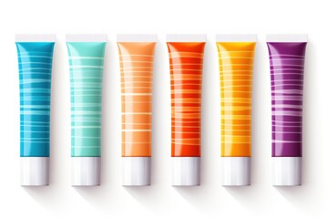 Fototapeta premium Sunscreen tubes without logo, colorful lines on a white background