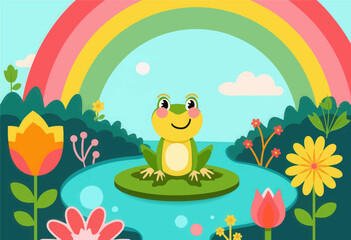 Obraz premium Smiling Frog on a Lily Pad with Rainbow