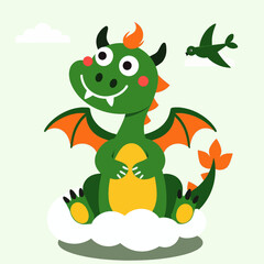 Fototapeta premium Smiling Green Dragon on Cloud with Bird 