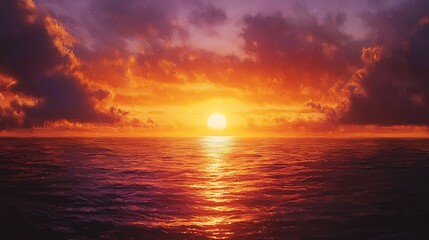 Obraz premium Sunset over calm ocean, sky ablaze with vibrant oranges and purples