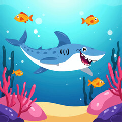 Obraz premium Smiling Shark Underwater with Fish and Coral 