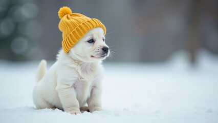 Cute little white puppy in a yellow hat on a snow background. Clothes for dogs.