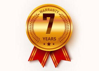 7 Years Warranty. Warranty Sign. Golden medal with ribbons.
