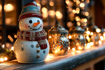 A porcelain snowman with a hat and scarf, standing on a shelf with Christmas lights around him.