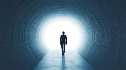 Silhouette of a person in a tunnel towards light