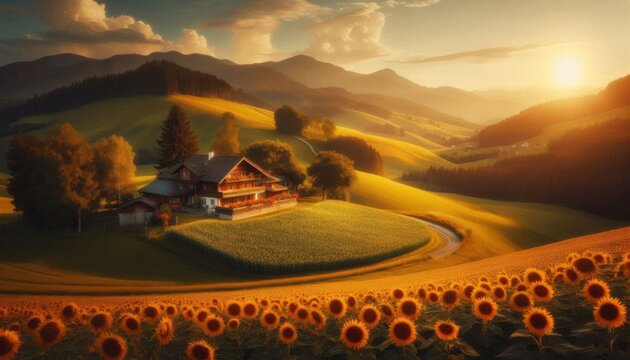 A picturesque countryside scene with rolling hills, a rustic farmhouse