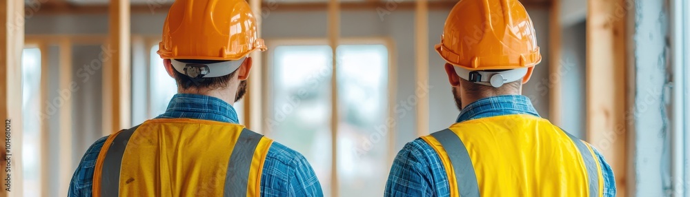 Poster two construction workers in helmets and vests observe a building framework, representing teamwork an