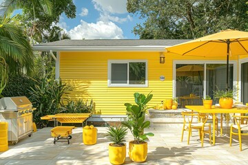 Citrine house with yellow vinyl siding, a radiant patio with a citrine dining table, lemon grill, gold umbrella, and yellow potted plants