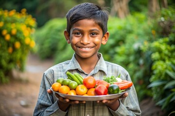A young boy is holding a plate of vegetables and tomatoes