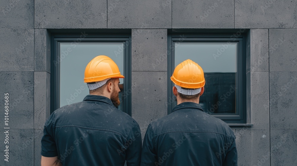 Poster two construction workers in yellow helmets observe a modern structure, focusing on windows, highligh