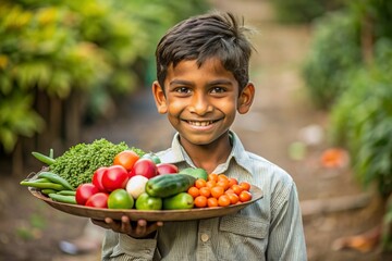 A young boy is holding a plate of vegetables and tomatoes