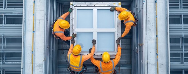 Construction workers install a window on a high-rise building, showcasing teamwork and construction safety.