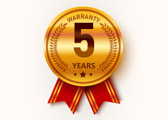 5 Years Warranty. Warranty Sign. Golden medal with ribbons.