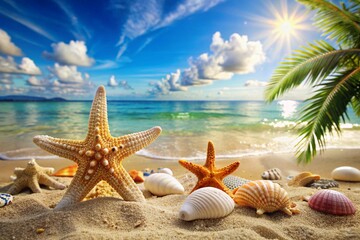 A beach scene with a starfish and a bunch of shells