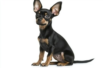 delightful Russian Toy Terrier showcases its tiny frame and prominent ears while seated elegantly on a pristine white background, exuding charm and personality.