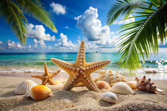 A beach scene with a starfish and a bunch of shells
