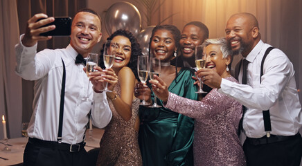 Business people, selfie and toast champagne at night in celebration, memory or smile for diversity...