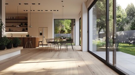 Fototapeta premium A modern dining room with a large window overlooking a lush green garden.