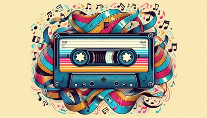 A vector art piece depicting a vintage cassette tape surrounded by musical notes and colorful waves