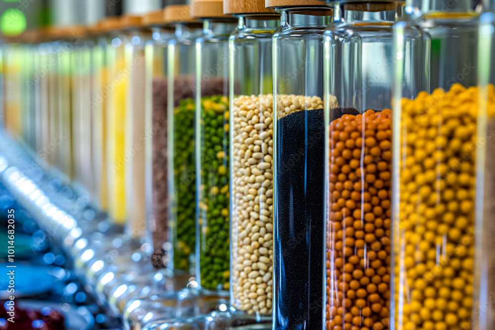 Poster Various grains and legumes are neatly arranged in glass containers, showcasing an array of colors and textures in a vibrant market setting