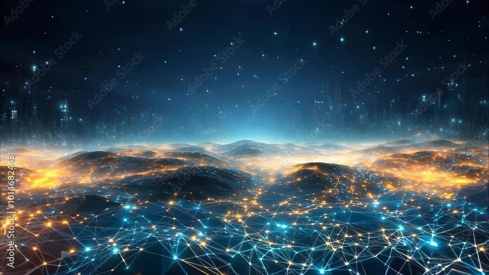 Poster a digital landscape featuring interlinked networks of glowing lines and nodes against a starry backg