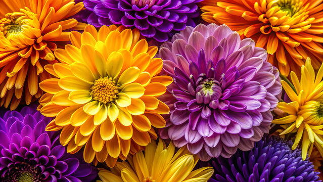 Vibrant yellow, purple, and orange flowers create stunning floral display, showcasing beauty of natures colors and joy they bring