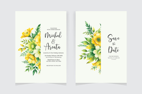 wedding invitation card set with branch leaf greenery watercolor and and gold design greeting card template
- Powered by Adobe