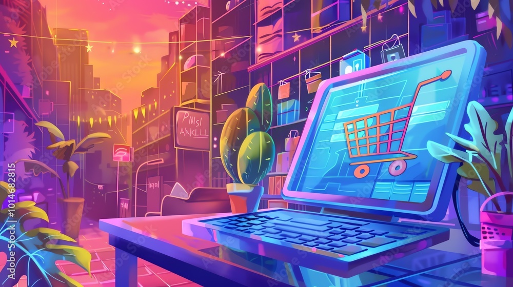 Aufkleber a vibrant and futuristic cityscape with a computer screen displaying a shopping cart icon.
