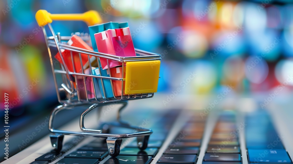 Poster a miniature shopping cart filled with colorful boxes sits on a keyboard, representing the concept of
