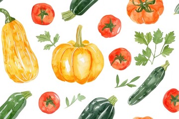 Zucchini, pumpkin and tomato painted with watercolors on a white background Showing the pattern of vegetables
