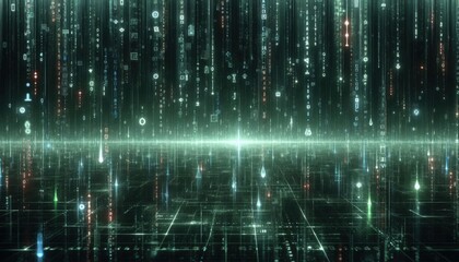 A background inspired by the digital matrix, featuring falling neon code and symbols on a dark green surface.