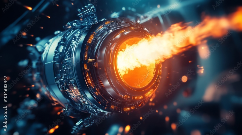 Aufkleber a futuristic jet engine ignites with vibrant flames as intricate mechanical components surround it. 