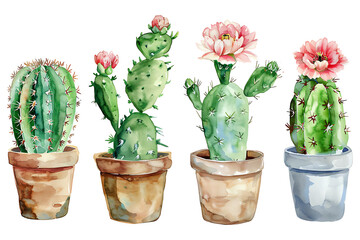 Watercolor painting realistic set pastel cactus flowers in pots on white background. Clipping path included.